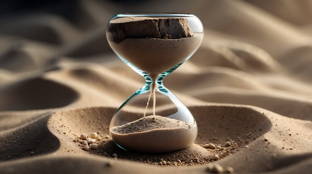 Hourglass symbolizing climate change with Earth sinking in sand photo