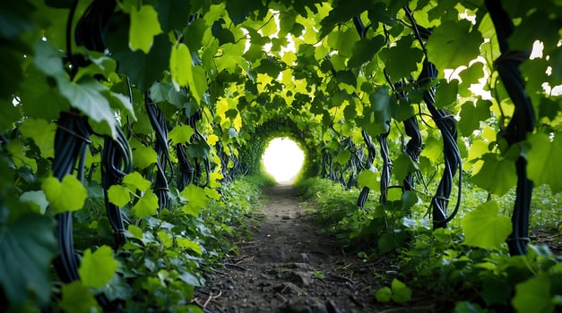 A tunnel of greenery leading to bright light in a natural landscape photo