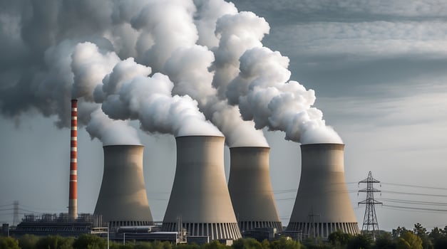 Power plant with cooling towers emits steam and smoke amidst cloudy sky photo