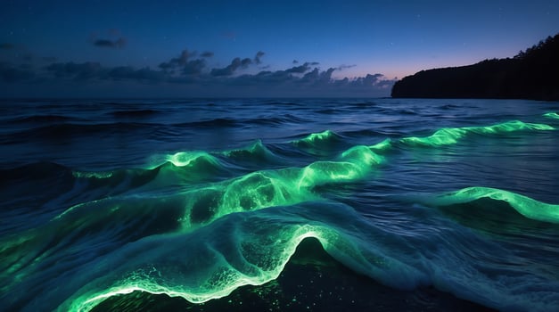 Unique bioluminescent waves illuminate the ocean at night in response to climate change photo