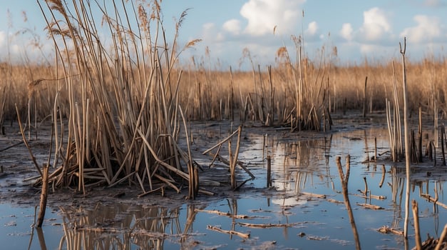 Dried wetland with brittle reeds reveals impact of climate change on ecosystem health photo