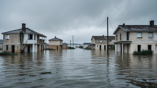 Flooded coastal village showing the impact of climate change on communities and homes photo
