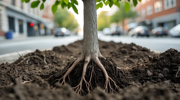 Urban tree roots illustrating resilience in climate change amid city streets photo
