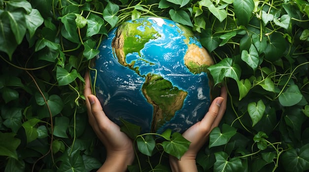 Hands holding a globe surrounded by lush green vines highlighting climate change awareness photo