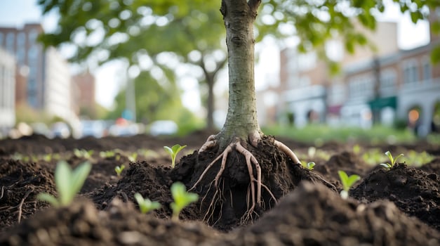 Freshly planted urban tree roots with surrounding seedlings under clear skies photo