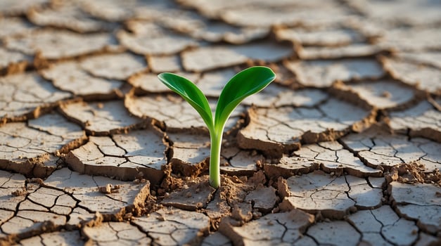 Green shoot emerging from cracked earth in response to climate change challenges photo