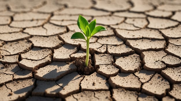 Green shoot emerges from cracked soil signifying resilience amid climate change challenges photo
