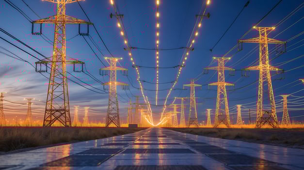 Glowing power lines illuminate smart grid infrastructure at sunset photo