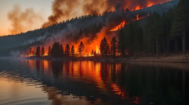 Wildfire consuming pine forest near a reflective lake at sunset photo