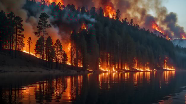 Wildfire engulfs pine forest near a reflective lake at sunset amid climate change concerns photo