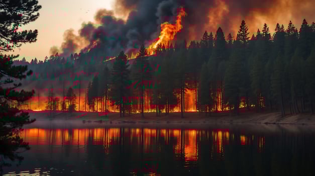 Intense wildfire engulfing a pine forest near a tranquil lake at sunset photo