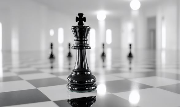 Black and white image of a chess piece on a checkered floor photo