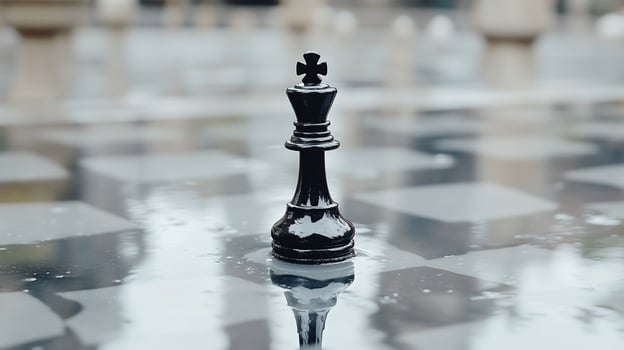A black chess piece sitting on a wet surface photo