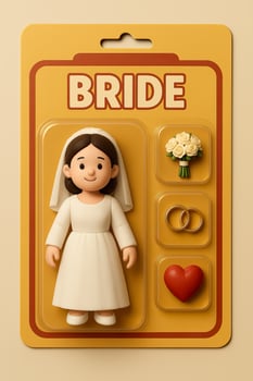 Bride figurine in packaging with wedding rings and heart photo
