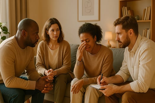 A group of people sitting on a couch talking photo