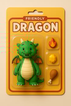 A green dragon toy in a packaging photo