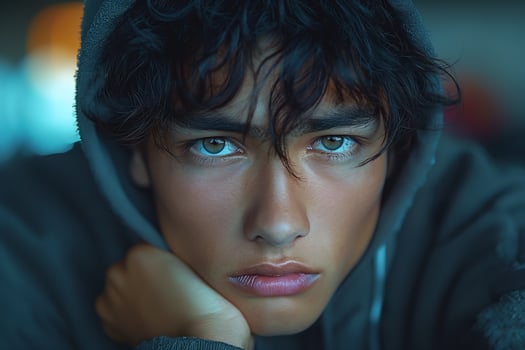 A pensive teenage male with curly brown hair and captivating green eyes, wearing a gray hooded sweatshirt. photo