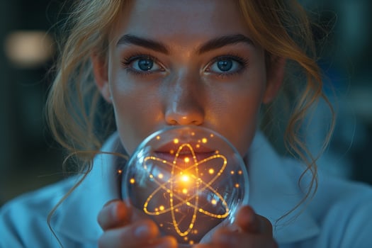 A young Caucasian woman with blonde hair holds a glowing atom model, symbolizing innovation and discovery. photo
