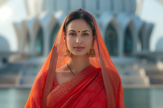 A graceful South Asian woman in an orange saree and matching dupatta stands serenely against a stunning architectural backdrop. photo