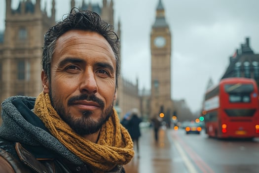 A smiling man in a brown leather jacket and mustard scarf stands in front of Big Ben, enjoying a rainy day in London. photo