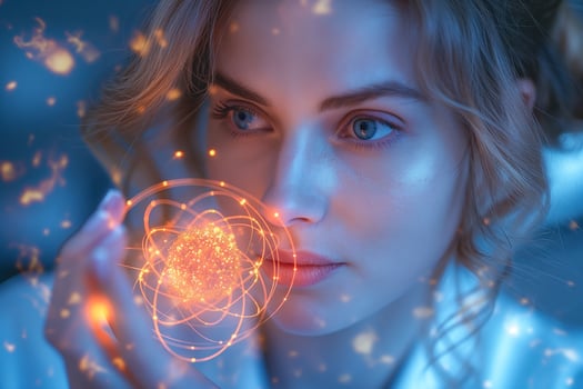 A young Caucasian woman gazes thoughtfully at a glowing atomic symbol, evoking a sense of curiosity about science and the universe. photo