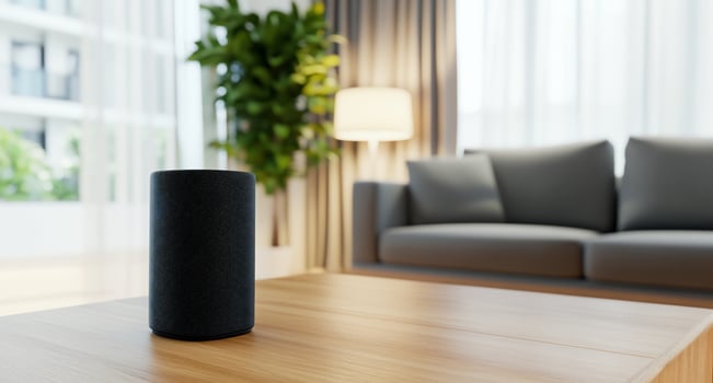 Amazon echo dot on table in living room photo