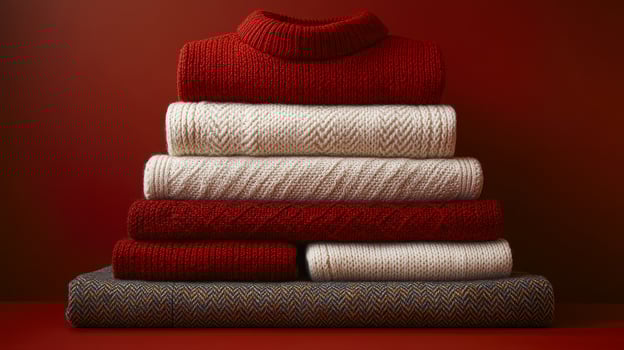A stack of sweaters on a red background photo