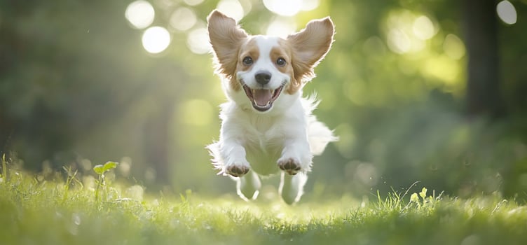 A dog running through the grass with its mouth open photo