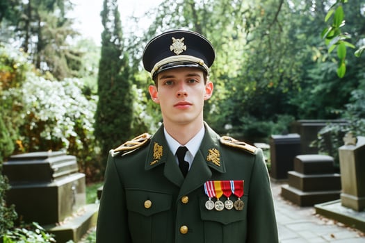 A young man in uniform standing in front of a cemetery photo