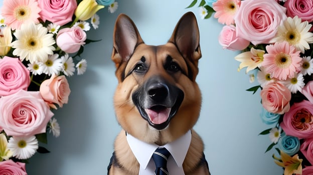 Funny German Shepherd wearing business suit surrounded by colorful flowers photo
