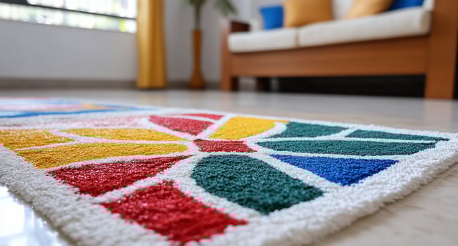 A colorful rug on the floor in a living room photo