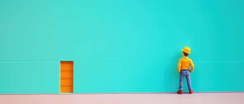 A person standing in front of a blue wall photo
