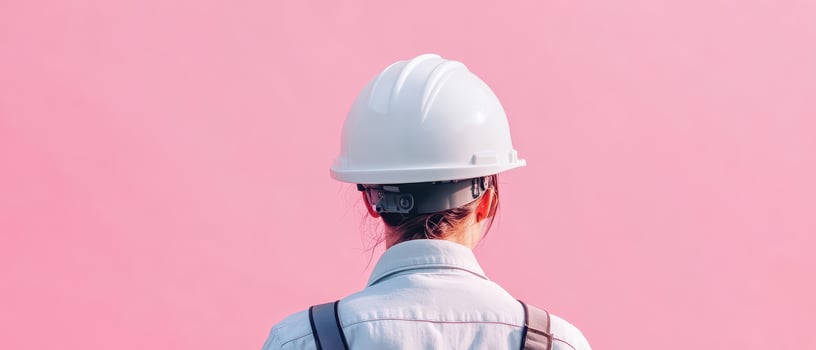 A woman wearing a hard hat and overalls is looking at a pink wall photo