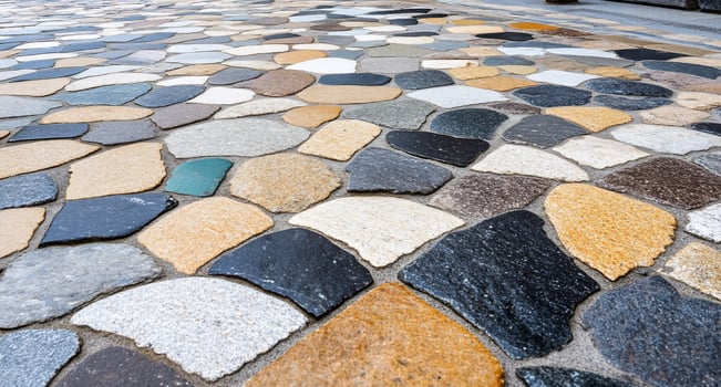 A close-up view of a decorative stone pavement with various colors. photo