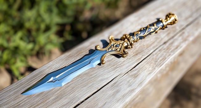 A decorative sword with a blue blade and ornate golden handle. photo