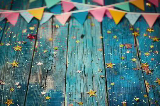 Festive Rustic Table with Glitter Stars and Colorful Flags for Holiday Celebrations photo