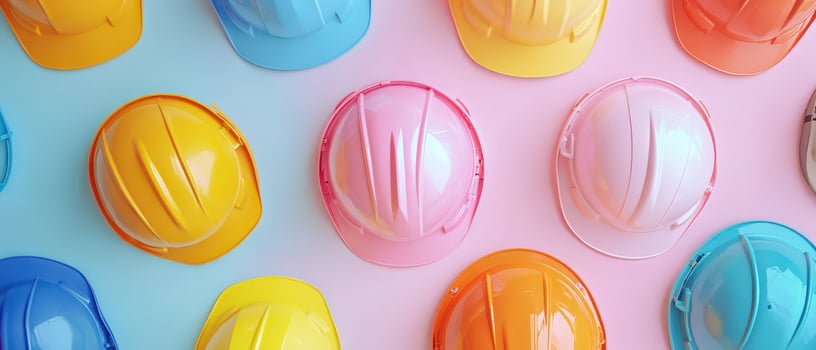 Many different colored hard hats on a pink background photo