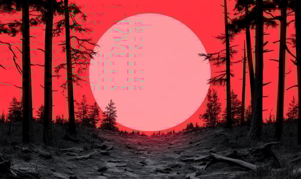 A surreal forest scene with a large pink sun against a red sky. photo