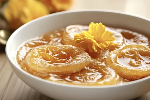 Quince cheese dessert garnished with edible flower in white bowl photo