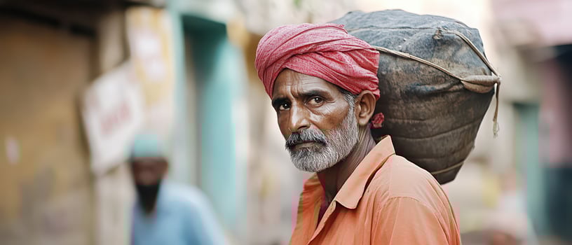 A man with a large bag on his back photo