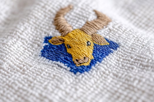 Close-up of an embroidered animal head on textured fabric. photo