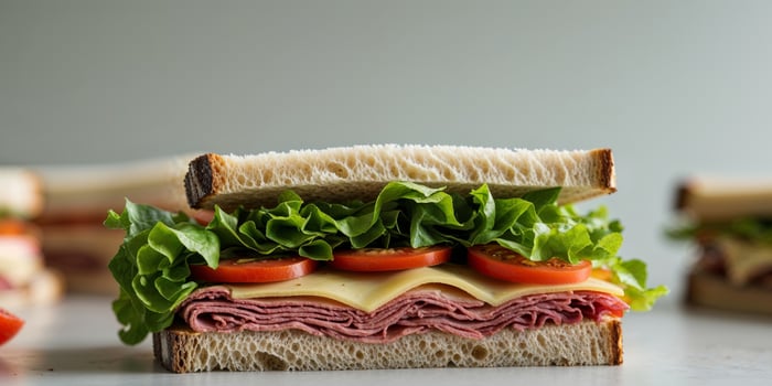 A close up image of a delicious layered sandwich. photo