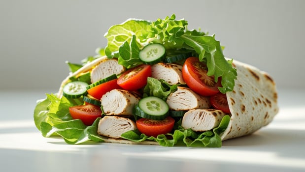 A wrap with chicken, lettuce and tomatoes photo