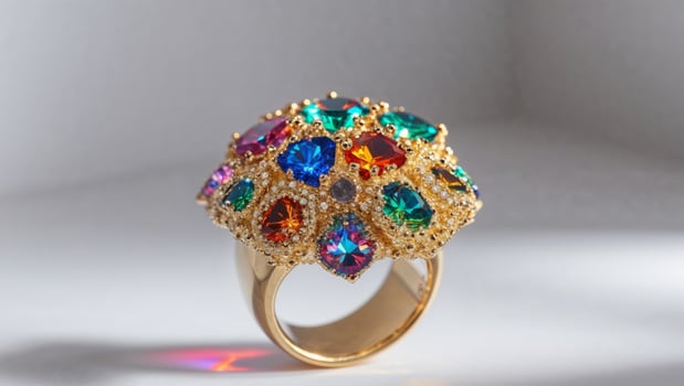 A glowing golden ring with colorful crystallized encrustation appears. photo
