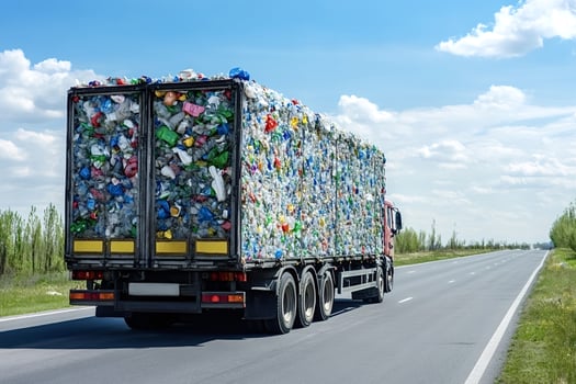 Truck transporting plastic waste for recycling on a sunny day photo