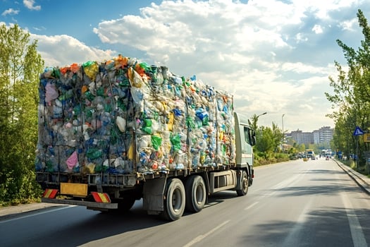 Truck carrying plastic bottles for recycling on the road photo
