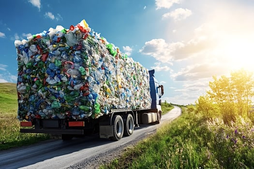 Truck transporting plastic for recycling on country road photo