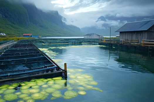 Salmon farm in norway showing fish farming nets and mountains photo