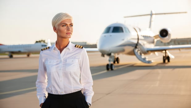 Professional female pilot stands confidently on the tarmac beside a private jet during golden hour, ready for takeoff and adventure photo