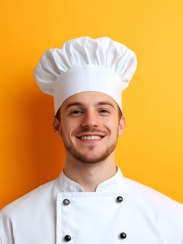 A cheerful confident chef in a white uniform and toque hat smiles broadly while standing in front of a vibrant orange background showcasing their culinary expertise and passion for their profession photo